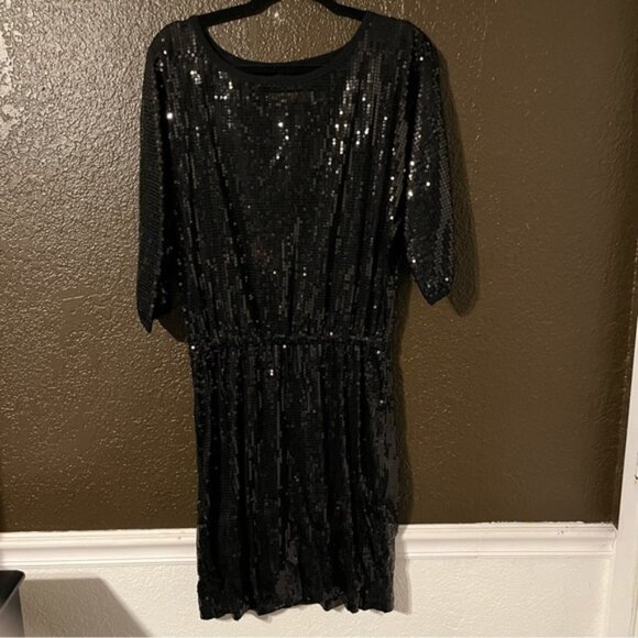 Sequin Black Midi Cocktail Dress with Half Length Sleeves, Karen Kane Size XL - Picture 1 of 7